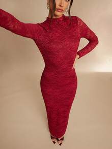 Silquee Vestido de manga larga, elegante, con espalda descubierta, de encaje sólido y cuello alto transparente y sexy