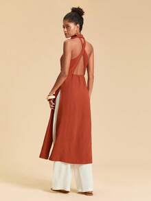 Travachic Women's Rust Brown Summer Elegant Vacation Holiday 2 Pieces Set,Halter Neck Long Top And Pants,Resort Outfits,Christmas New Year Thanksgiving Clothes - Multicolor - View 5