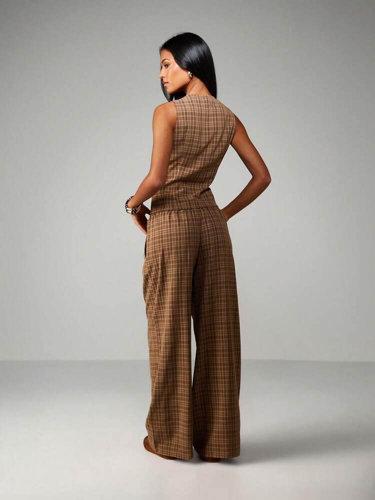 MISSGUIDED Plaid Two Piece Coordinated Set Button Front Vest With Wide Leg Palazzo Pants Fall Business Casual Outfit