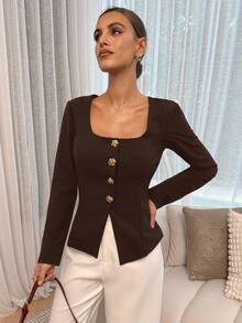 Lavishia Black Knit Square Neck Collar Long Sleeve Rose Gold Button Decor Fitted Women Shirt, Fashionable For Commuting - Coffee Brown - View 3