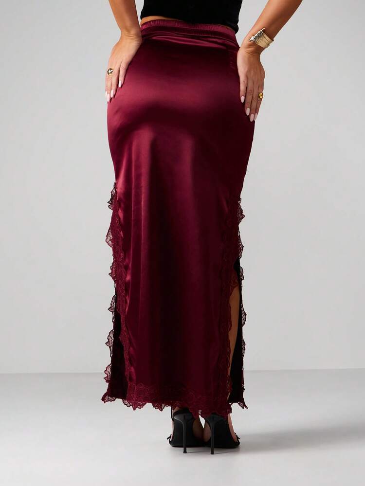 MISSGUIDED Burgundy Satin Lace Trim Maxi Skirt With Side Slit For Evening Party Formal Occasions