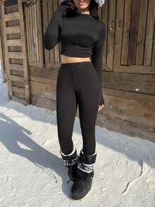 Flirla Conjunto de top ajustado y leggings básico minimalista para capas, camiseta de cuello alto casual y versátil de manga corta/larga, conjunto de 2 piezas, otoño/invierno