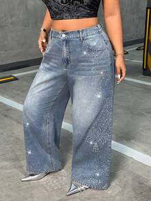 Selenza 女士水钻装饰宽松休闲阔腿牛仔裤 - 中等水洗藍 - 查看 5