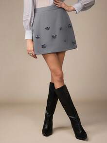 Modelyn Women's Elegant Handmade Beaded Grey A-Line Skirt, Fashionable For Autumn Outings - Grey - View 5