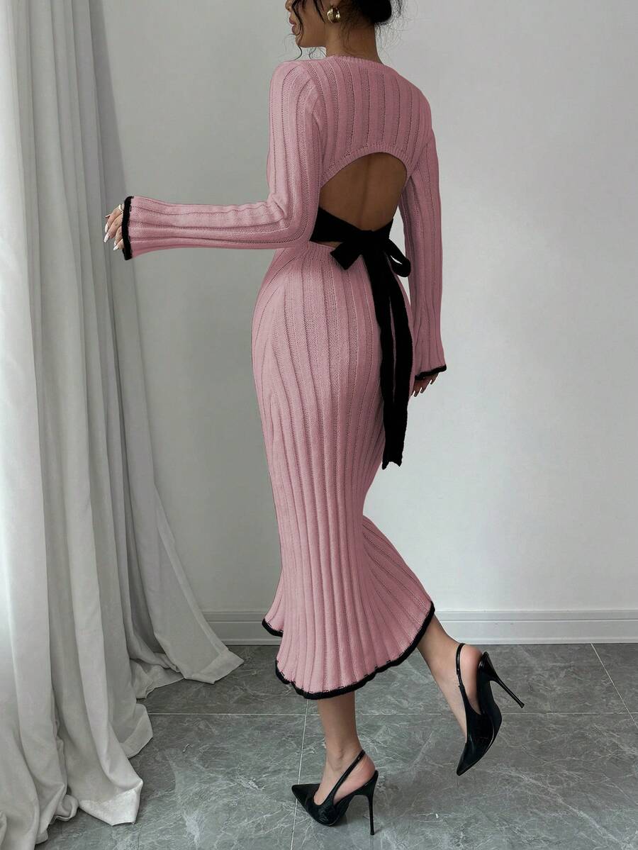 Elenzga Women's Round Neck Long Sleeve Fitted Backless Tie-Up Bow Knitted Dress - Pink - View 1