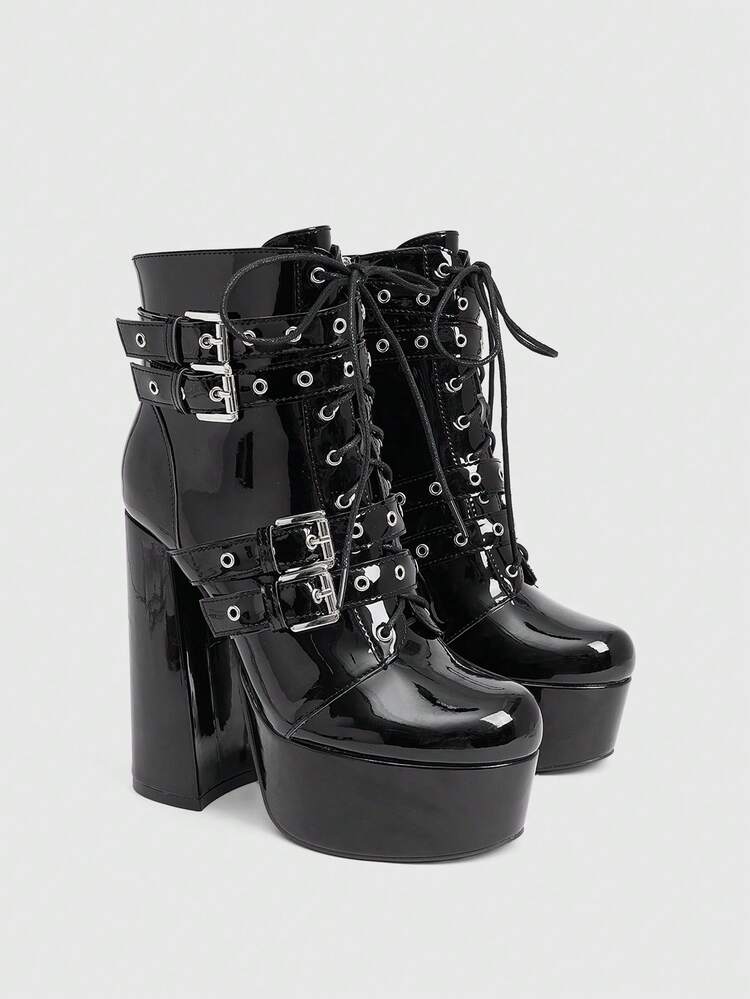 CUCCOO LuxiPop Bottes de femme à bout rond, talon haut épais, imperméables, plateforme en PU noir brillant, avec boucle décorative, confortables pour le quotidien, les fêtes et les banquets, avec fermeture éclair latérale