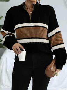 Nubod Plus Size Casual Colorblock Striped Sweater, Autumn/Winter - Brown - View 1