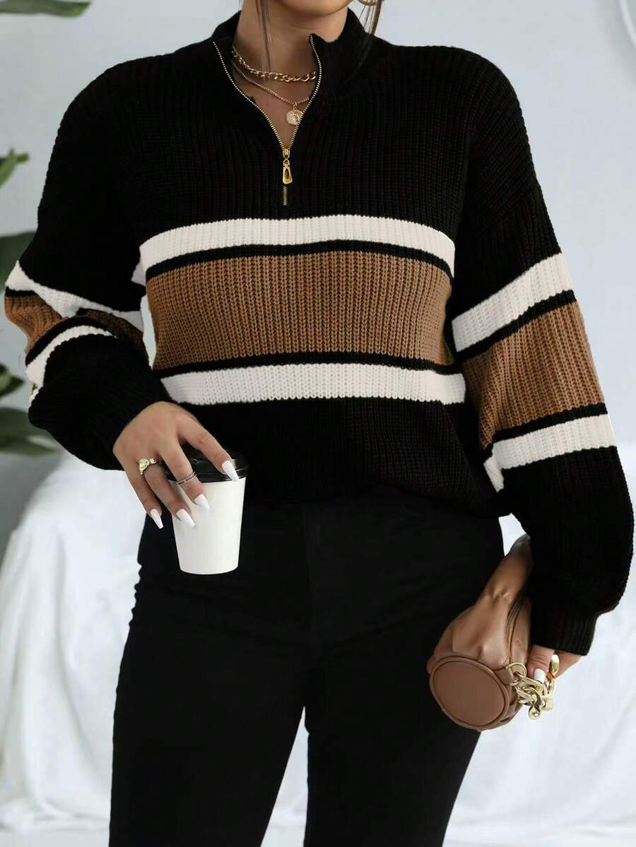 Nubod Plus Size Casual Colorblock Striped Sweater, Autumn/Winter - Brown - View 1