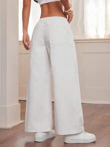 SHEIN PETITE 女士抽绳腰口袋阔腿宽松休闲牛仔裤四季洗白舒适休闲直筒牛仔裤 - 黑與白 - 查看 2