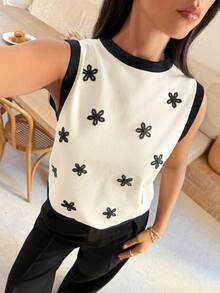 Serisse Women's Black Floral,Summer,Elegant,Brunch Contrast Color Tie-Up Sleeveless Sweater Vest,Embroidery Bow Backless Top,Old Money Business Casual Office - Beige - View 2