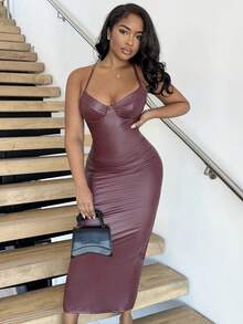 Alexandranx Solid Brown Coffee-Colored Sexy Minimalist Bustier Corset Corset Dress, Suitable For Cocktail Party, Romantic Date, Autumn/Winter Underdress, Gathering, Party, Nightclub, Halloween, Christmas,Halloween Clothes Women ,Halloween Costume,Country - Burgundy - View 4
