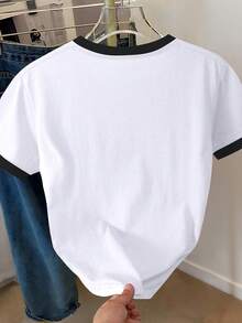 Franclia Women's Casual Flower & Butterfly Print Contrast Trim Round Neck T-Shirt, Summer - White - View 2