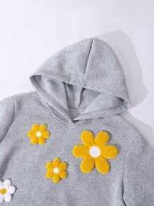 女童花卉装饰连帽运动衫和修身喇叭裤休闲套装，适合外出、度假和日常穿着 - 灰色 - 查看 5