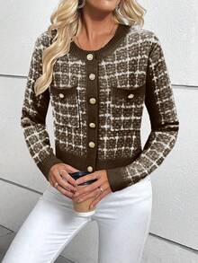 EMERY ROSE Women's Casual Plaid Long Sleeve Single-Breasted Knit Cardigan, Autumn,Brown Top - Coffee Brown - View 4