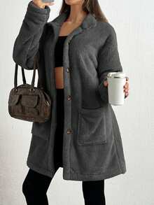 SHEIN Tall Front Pocket And Button Detailed Hooded Very Cozy And Soft Faux Fur Women Coat - Dark Grey - View 6