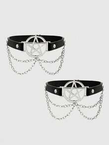 ROMWE Bộ 2 dây nịt tất nữ màu đen, họa tiết ngôi sao năm cánh, thánh giá rỗng, kiểu Gothic, thích hợp cho váy, chân váy, mặc hàng ngày, hoặc dịp Halloween. - Chuỗi Pentacles chân vòng - Xem 2