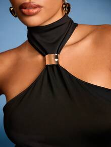 Normani 女士优雅性感金属扣装饰镂空修身黑色针织弹力连衣裙派对礼服 - 黑色 - 查看 5