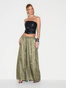 Metallic Wide Leg Palazzo Pants With Drawstring Waist For Festival Party Evening Occasion - Green - View 3