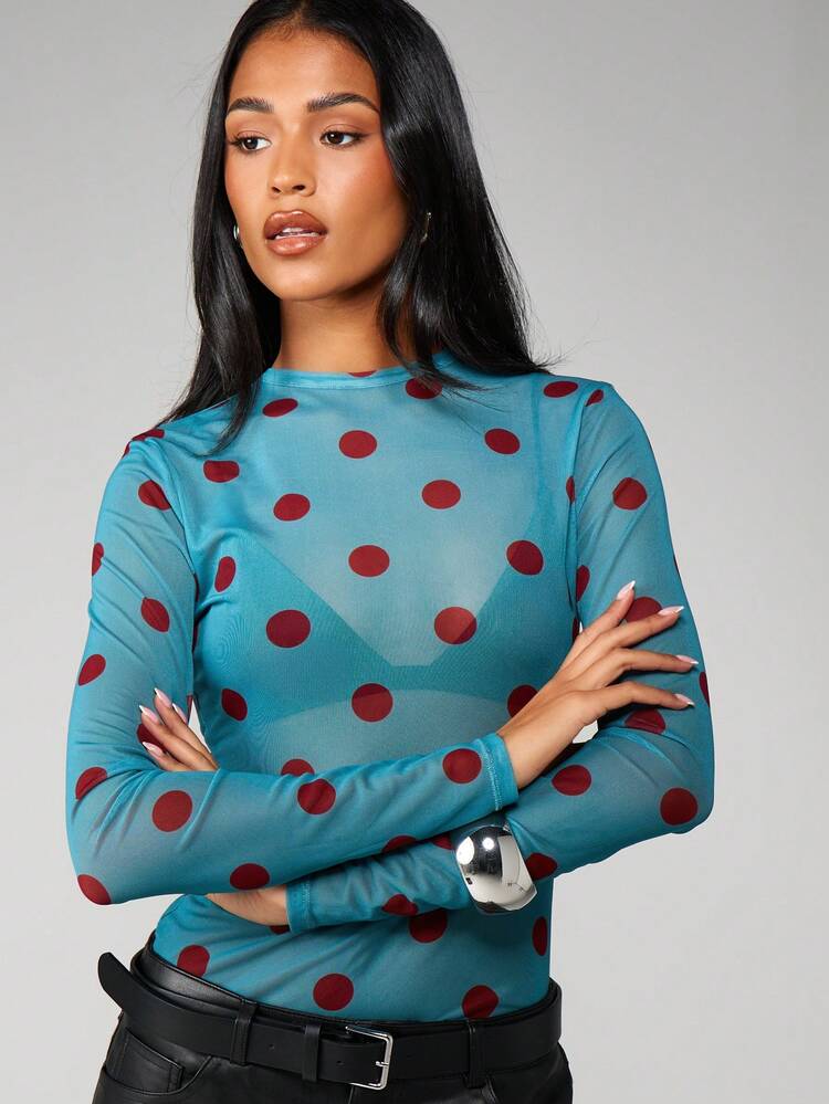 MISSGUIDED Blusa de manga larga con cuello alto y estampado de lunares en malla para otoño e invierno