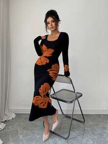 Elenzga Elegant Square Neck Jacquard Knit Bodycon Dress, Autumn/Winter - Brown - View 6