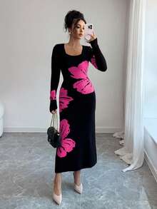 Elenzga Gaun Sweater Bodycon Rajut Jacquard Leher Persegi - Hot Pink - View 5