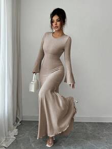 Elenzga Váy tay bèo nhún viền đuôi cá co giãn thanh lịch dành cho nữ, mùa thu/đông - Màu Khaki - Xem 6