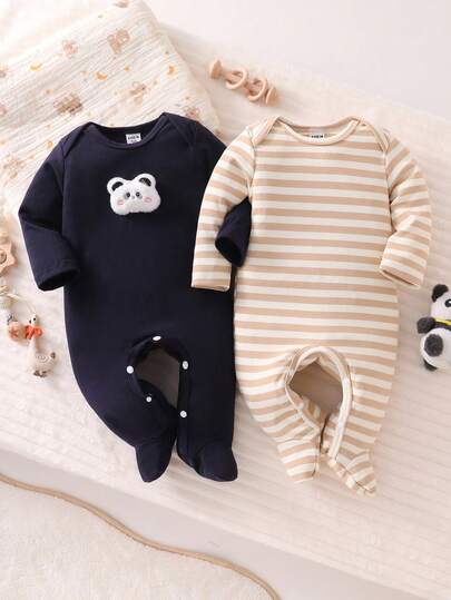 2件套新生儿简约时尚舒适纯棉条纹3D小熊装饰长袖连脚连体睡衣