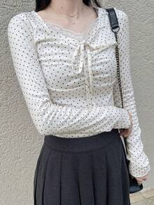 FRIFUL 女式波尔卡圆点印花撞色蕾丝前领带长袖 T 恤