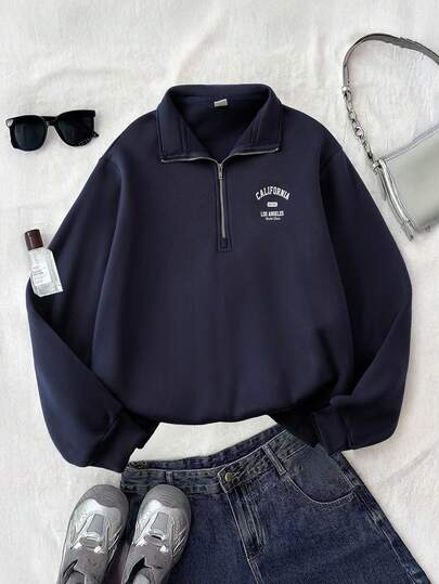 Teen Girls Drop Shoulder Zip Half Placket Sweatshirt Racing Style Sweatshirt Teen Girl Stand Collar Zip Up Sweatshirt Aesthetic Preppy Clothes Winter Cozy Fall & Winter Styles Long Sleeve Top Suitable For Daily, Celebration, Autumn & Winter Outfits For Easy Comfort, Autumn & Winter Layers For Girls, Stylish Girls