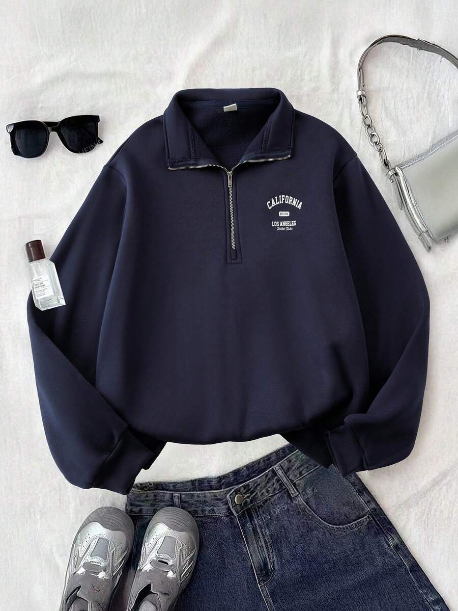 少女落肩拉链半开襟卫衣