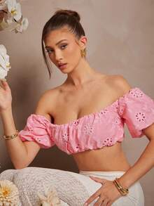 L'Amorae Puff Sleeve Off Shoulder Eyelet Cropped Summer Top, Beach, Vacation Outfits Women, Pink Top - Pink - View 5
