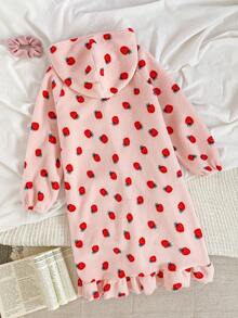 Girls' Cute Sweet Strawberry Print Hooded Fleece Robe, Elegant Ruffle Hem Long Sleeve Bathrobe Loungewear, Autumn/Winter - Pink - View 2