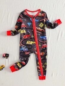 Infant/Toddler Boys' Snug Fit Soft Ribbed Knit Full Zip Front Cartoon Car Trim Cuffs & Ankles Long Pants Romper - Red - View 5