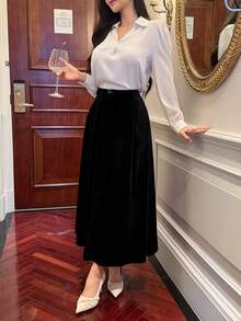 DAZY Falda de terciopelo drapeada de corte medio A-line adelgazante, falda paraguas elegante de alta calidad para mujeres