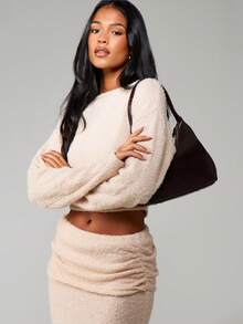 MISSGUIDED Conjunto de punto acogedor de dos piezas con suéter corto y falda maxi para otoño e invierno - Beis - Ver 3