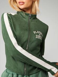 Missguided x Playboy Áo khoác thể thao cổ điển năm 1953 có khóa kéo phía trước với chi tiết sọc bên hông, trang phục thể thao cổ điển, áo khoác ngoài thường ngày - màu xanh lá - Xem 4