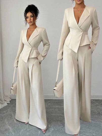 Elenzga Elegante conjunto de blusa de manga larga con cuello en V y cintura ceñida con bajo asimétrico, junto con pantalones anchos de pierna ancha. Un conjunto elegante y profesional, adecuado para celebraciones de Acción de Gracias y Halloween. Apropiado para ocasiones de vestimenta casual de negocios.