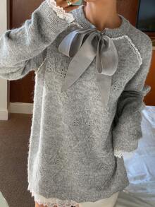 Livesso Women's Autumn Pearl Decor Tie-Front Raglan Sleeve Sweater - Grey - View 3