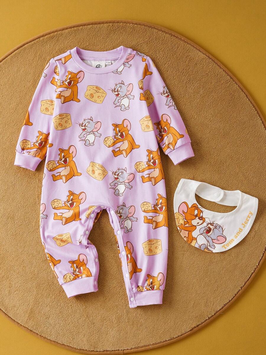 TOM & JERRY X SHEIN 2pcs Baby Girl Cute Cartoon Pattern Crew Neck Long Sleeve Knit Jumpsuit And Bib Sleepwear Set - Multicolor - View 1