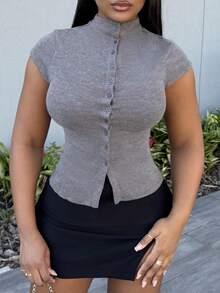 Alexandranx Women's Fall Women Outfits Solid Color Mock Neck Top Capped Sleeve Single-Breasted Casual Women Tops,Button Up Women Jersey Shirt, Fleece Sweater Top,Winter Clothes, - Dark Grey - View 3