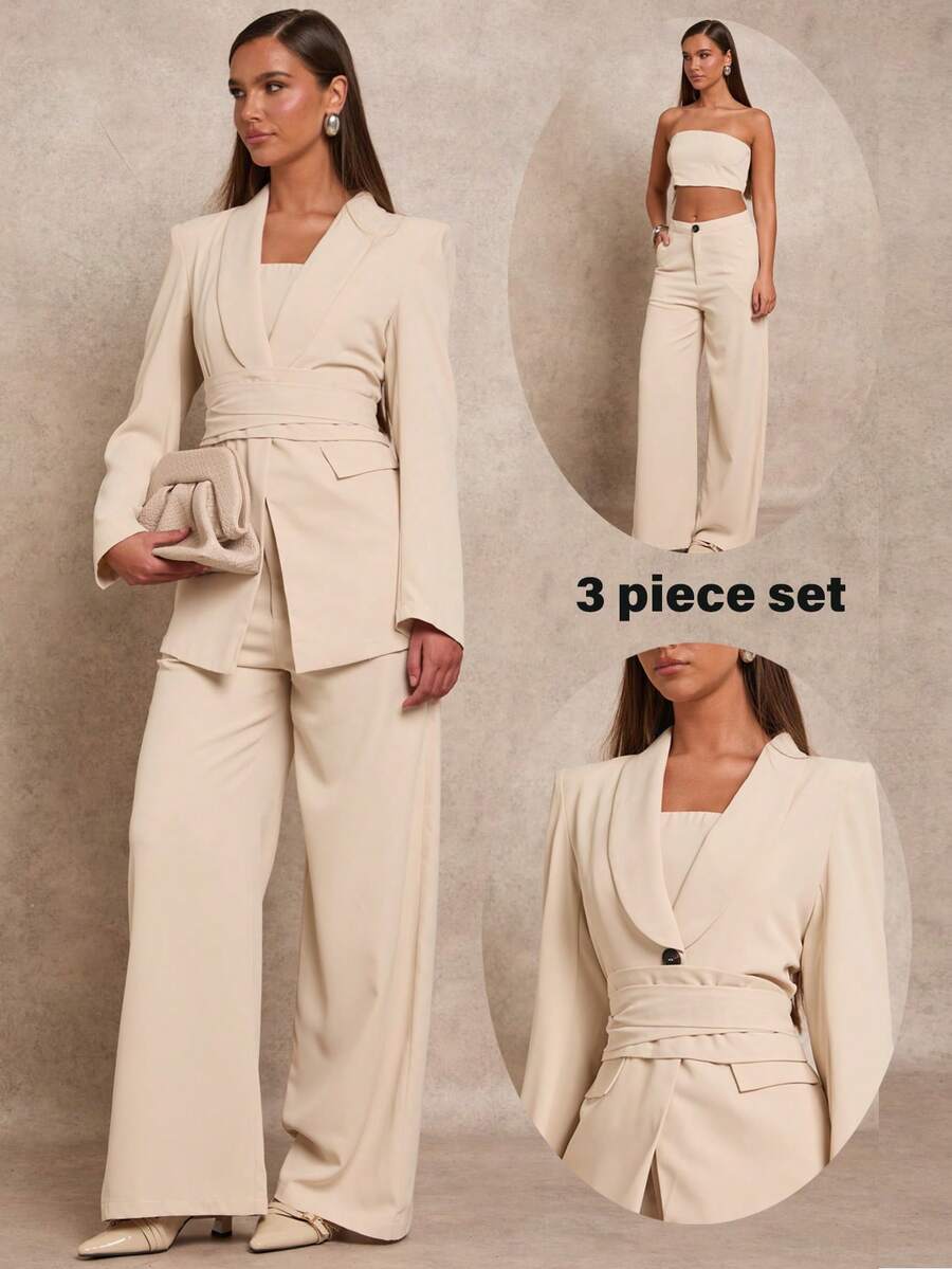 Glamine Bộ vest cổ khăn choàng màu nâu 3 món dành cho nữ, Bộ vest đa năng thường ngày cho nữ, Thích hợp mặc đi làm, đi chơi, đi làm, Bộ vest thường ngày rộng rãi - Màu be - Xem 1