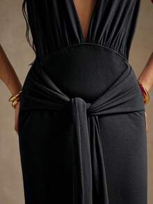 Hauture Đầm hở lưng cổ thấp màu trơn gợi cảm thời trang - màu đen - Xem 5