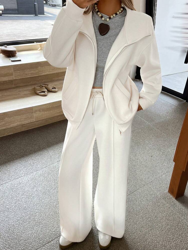 2pcs Women Solid Color Zip Pocket Long Sleeve Top And Drawstring Waist Long Pants Set Lounge Sets For Women