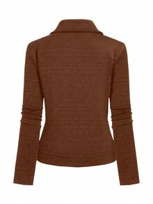 GlowEve Chaqueta casual de motocicleta con cremallera y cuello de solapa, de tela texturizada - Marrón - Ver 2