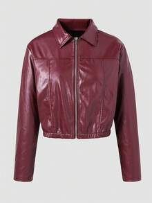 SHEIN Teen Girl Solid Color PU Leather Zip-Up Jacket, Autumn - Red - View 5