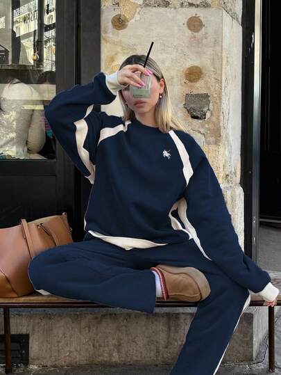 INAWLY 2pcs Women Casual Contrast Color Long Sleeve Top & Pants Set