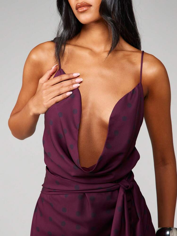 MISSGUIDED Polka Dot Cowl Neck Maxi Dress With Waist Tie Belt Detail Evening Party Formal Wear Christmas