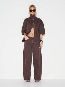 KIZN Wide Leg High Rise Vintage Wash Denim Jeans For Women - Relaxed Fit Casual Pants With Classic Five Pocket Design - Brown - View 3