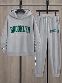 Manfinity Homme 男士纽约标语印花保暖休闲卫衣和运动裤套装（2件套），秋冬男装