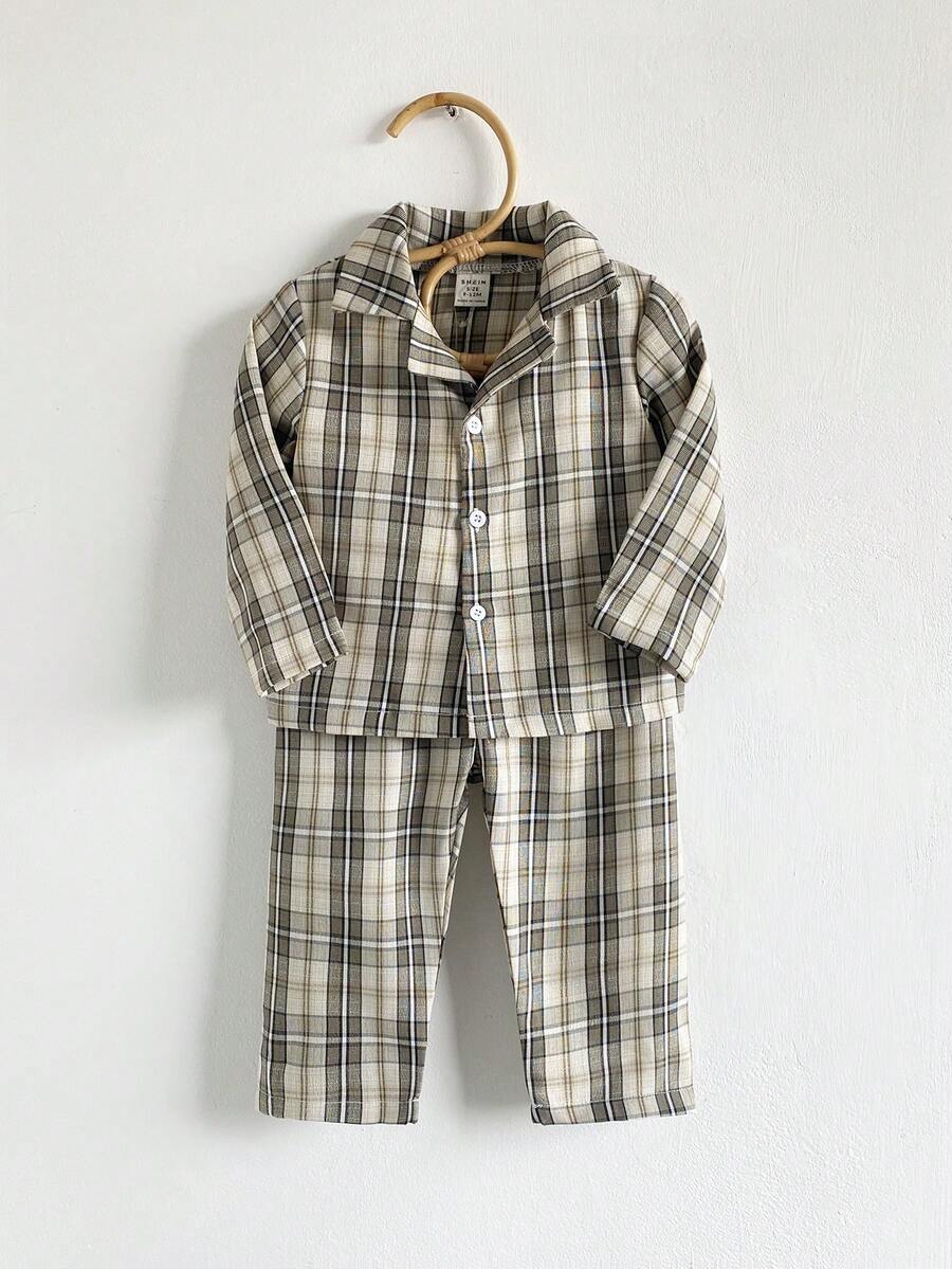 2pcs Baby/Toddler Boys' Casual Plaid Long Sleeve Top And Pants Loungewear Set 18 Month Boy Suit Baby Boy Suit Set Toddler Suit Baby Boy Pajama Set Checked Baby Clothes - Green - View 1